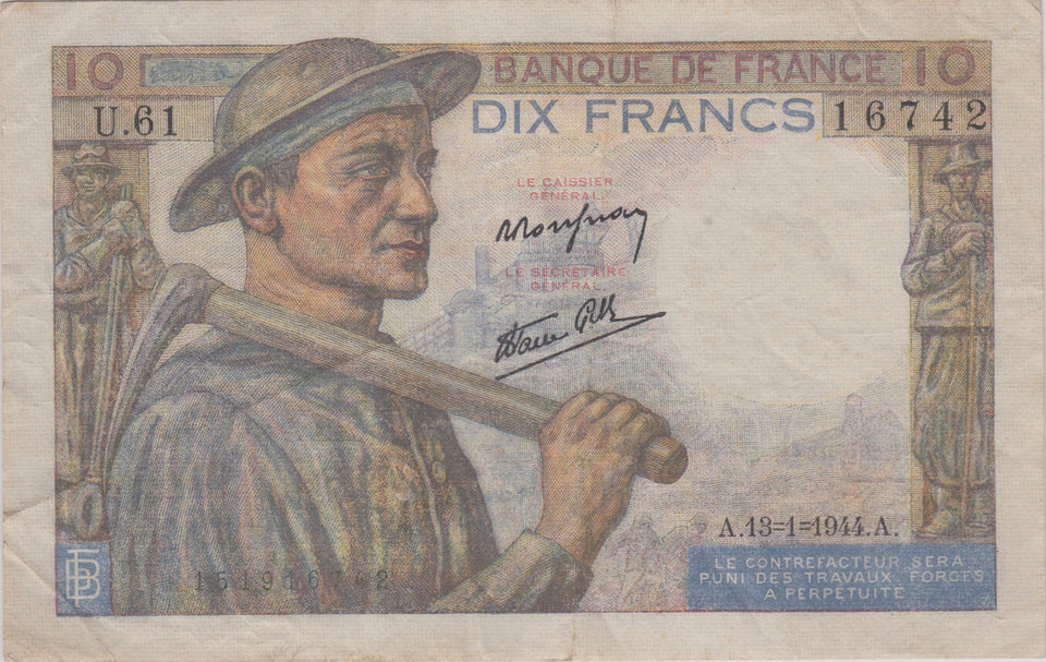 1944 10 FRANCS FRENCH BANKNOTE REF 1413 - World Banknotes - Cambridgeshire Coins