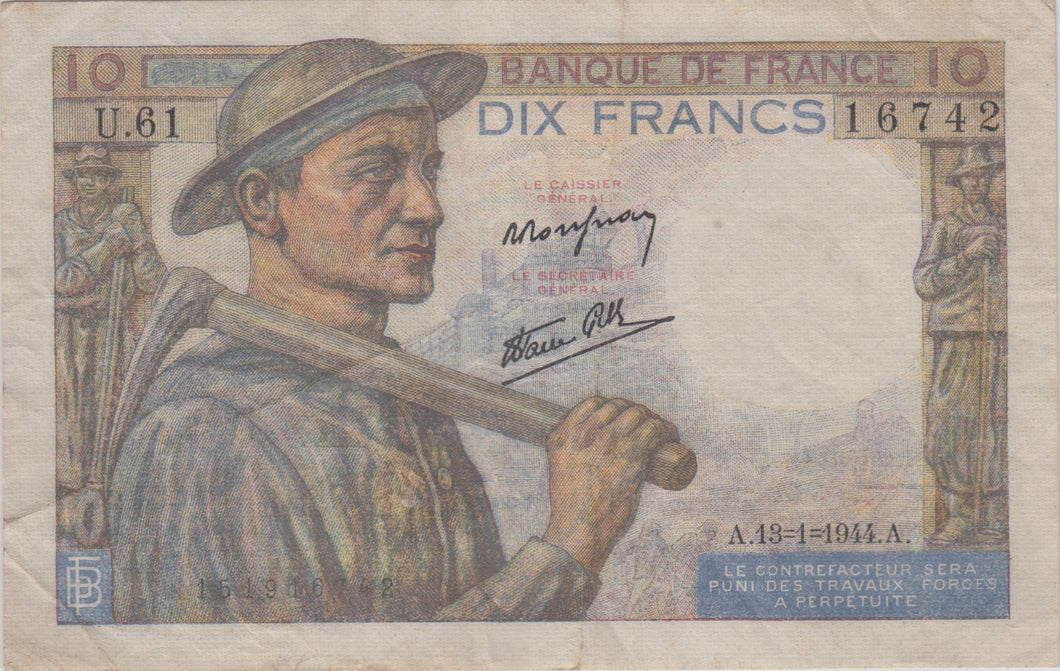 1944 10 FRANCS FRENCH BANKNOTE REF 1413 - World Banknotes - Cambridgeshire Coins
