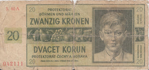 1944 20 KRONEN BANKNOTE NAZI BOHEMIA REF 593 - World Banknotes - Cambridgeshire Coins