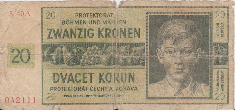 1944 20 KRONEN BANKNOTE NAZI BOHEMIA REF 593 - World Banknotes - Cambridgeshire Coins