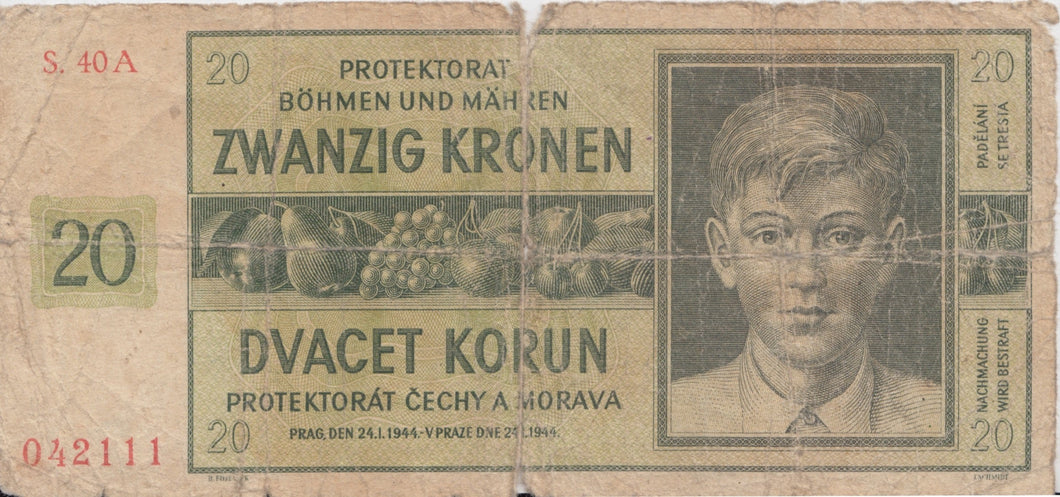 1944 20 KRONEN BANKNOTE NAZI BOHEMIA REF 593 - World Banknotes - Cambridgeshire Coins