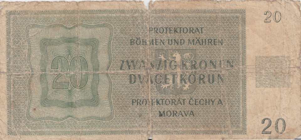 1944 20 KRONEN BANKNOTE NAZI BOHEMIA REF 593 - World Banknotes - Cambridgeshire Coins