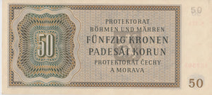 1944 50 KRONEN BANKNOTE BOHEMIA MORAVIA ( FINE-VF ) REF 705 - World Banknotes - Cambridgeshire Coins
