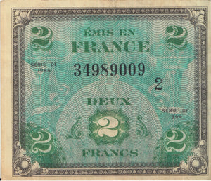 1944 BANK OF FRANCE 2 FRANCS BANKNOTE REF 1275 - World Banknotes - Cambridgeshire Coins