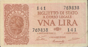 1944 BANK OF ITALY ONE LIRE BANKNOTE REF 1262 - World Banknotes - Cambridgeshire Coins
