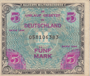 1944 FIVE MARK GERMAN BANKNOTE ALLIED OCCUPATION OF GERMANY REF 780 - World Banknotes - Cambridgeshire Coins