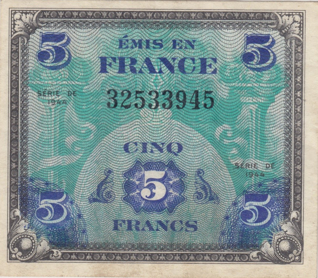 1944 FRENCH 5 FRANCS BANKNOTE REF 1385 - World Banknotes - Cambridgeshire Coins