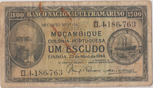 1944 ONE ESCUDO PORTUGAL MOZAMBIQUE BANKNOTE REF 1585 - World Banknotes - Cambridgeshire Coins