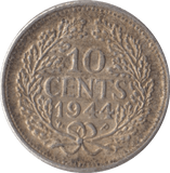 1944 SILVER 10 CENTS NETHERLANDS - SILVER WORLD COINS - Cambridgeshire Coins