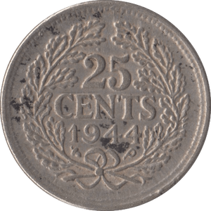 1944 SILVER 25 CENTS NETHERLANDS - SILVER WORLD COINS - Cambridgeshire Coins