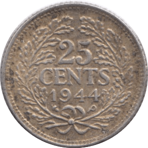 1944 SILVER 25 CENTS NETHERLANDS - SILVER WORLD COINS - Cambridgeshire Coins