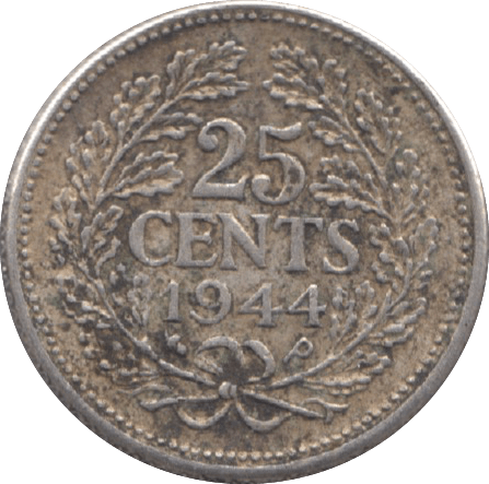 1944 SILVER 25 CENTS NETHERLANDS - SILVER WORLD COINS - Cambridgeshire Coins