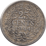 1944 SILVER 25 CENTS NETHERLANDS - SILVER WORLD COINS - Cambridgeshire Coins