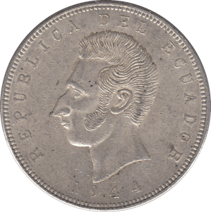 1944 SILVER 5 SUCRES ECUADOR REPUBLIC - SILVER WORLD COINS - Cambridgeshire Coins