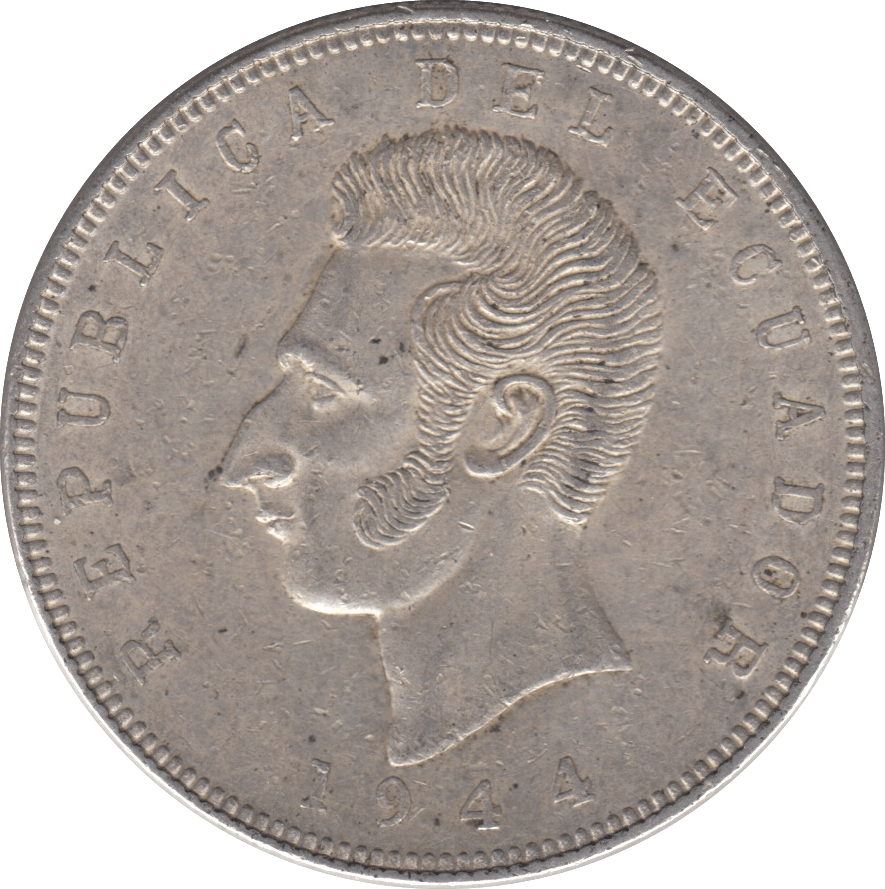 1944 SILVER 5 SUCRES ECUADOR REPUBLIC - SILVER WORLD COINS - Cambridgeshire Coins
