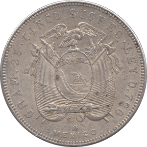 1944 SILVER 5 SUCRES ECUADOR REPUBLIC - SILVER WORLD COINS - Cambridgeshire Coins