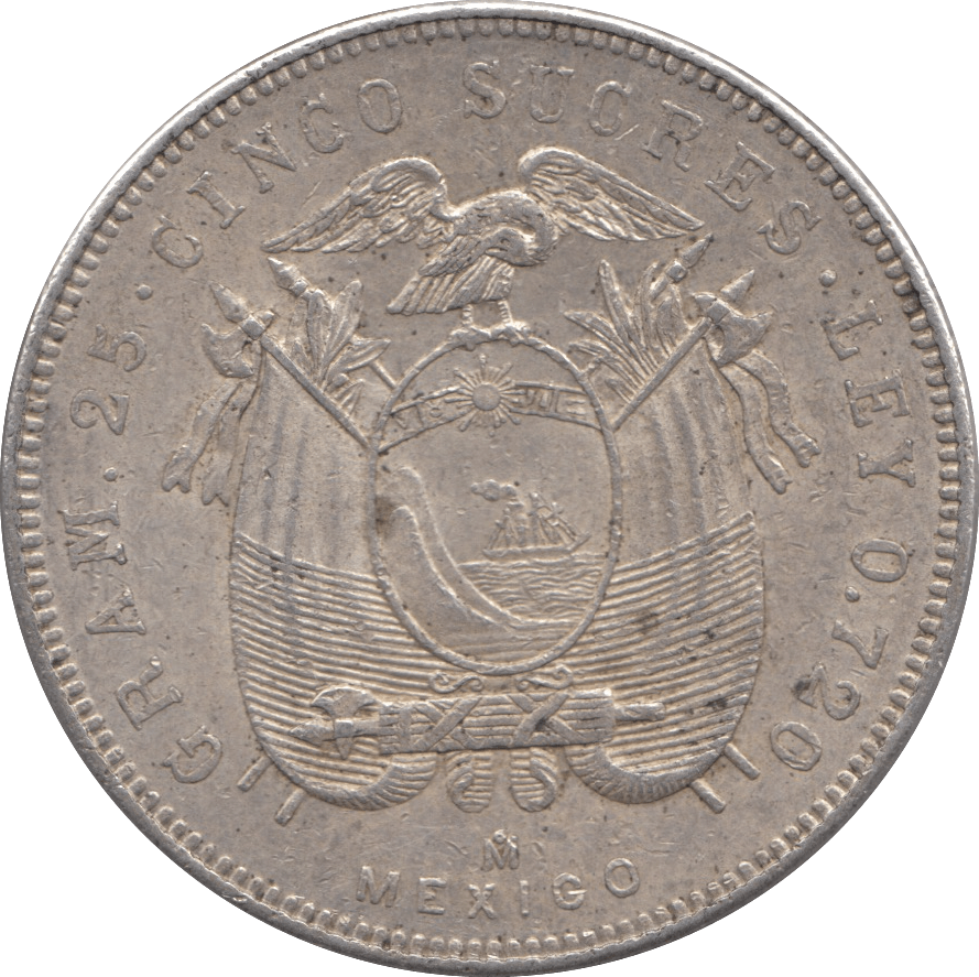 1944 SILVER 5 SUCRES ECUADOR REPUBLIC - SILVER WORLD COINS - Cambridgeshire Coins
