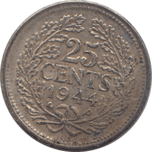 1944 SILVER TWENTY FIVE CENTS NETHERLANDS - SILVER WORLD COINS - Cambridgeshire Coins