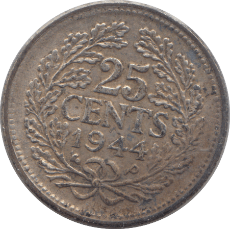 1944 SILVER TWENTY FIVE CENTS NETHERLANDS - SILVER WORLD COINS - Cambridgeshire Coins