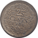 1944 SILVER TWENTY FIVE CENTS NETHERLANDS - SILVER WORLD COINS - Cambridgeshire Coins