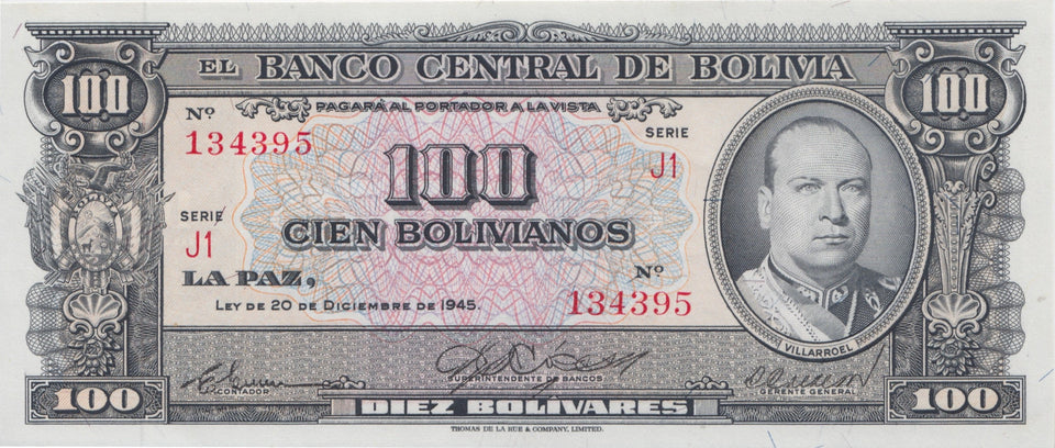 1945 100 BOLIVIANOS BANKNOTE BOLIVIA REF 617 - World Banknotes - Cambridgeshire Coins