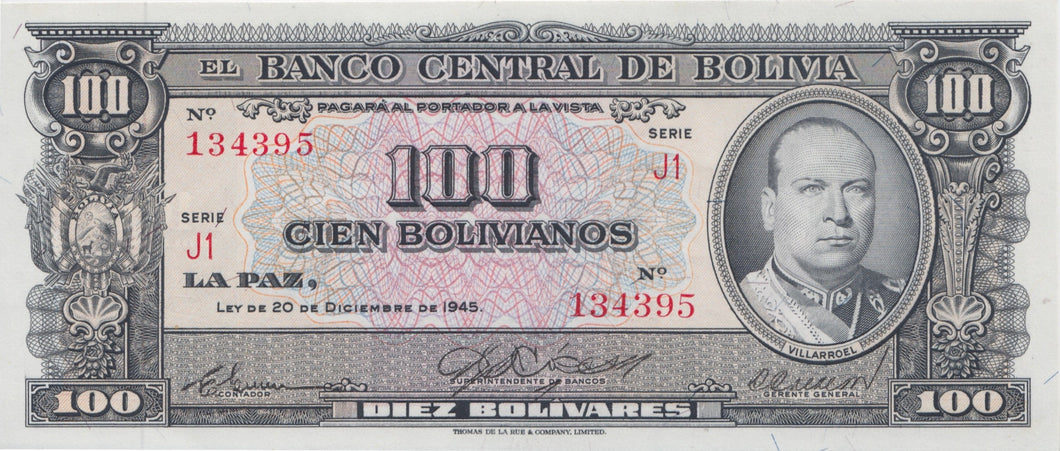 1945 100 BOLIVIANOS BANKNOTE BOLIVIA REF 617 - World Banknotes - Cambridgeshire Coins