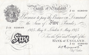 1945 WHITE FIVE POUND NOTE MAY 8TH BANK OF ENGLAND PEPPIATT W£5-9 - £5 BANKNOTES WHITE - Cambridgeshire Coins