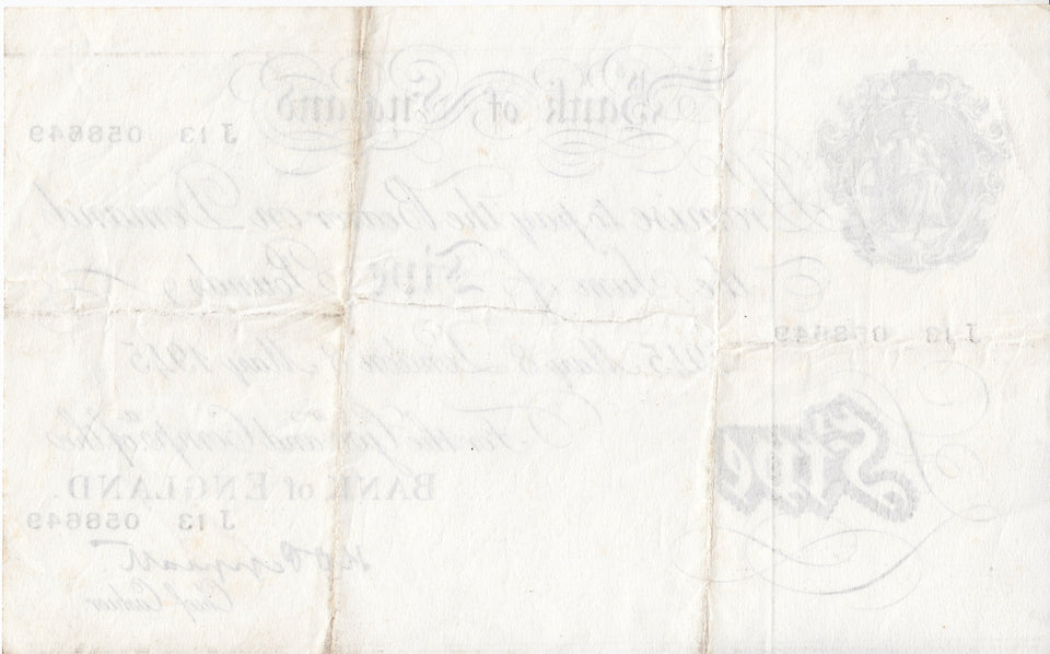 1945 WHITE FIVE POUND NOTE MAY 8TH BANK OF ENGLAND PEPPIATT W£5-9 - £5 BANKNOTES WHITE - Cambridgeshire Coins