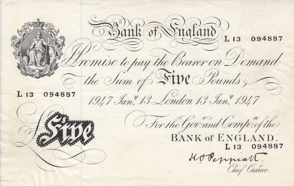 1947 WHITE FIVE POUND NOTE JAN 13TH BANK OF ENGLAND PEPPIATT REF W£5-7 - £5 BANKNOTES WHITE - Cambridgeshire Coins