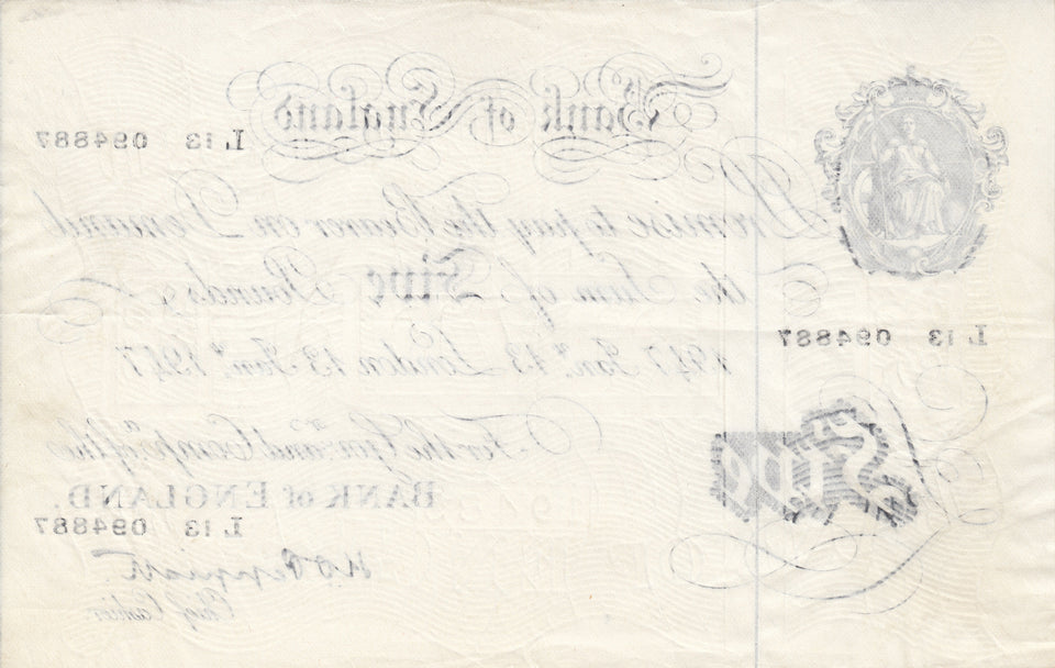 1947 WHITE FIVE POUND NOTE JAN 13TH BANK OF ENGLAND PEPPIATT REF W£5-7 - £5 BANKNOTES WHITE - Cambridgeshire Coins