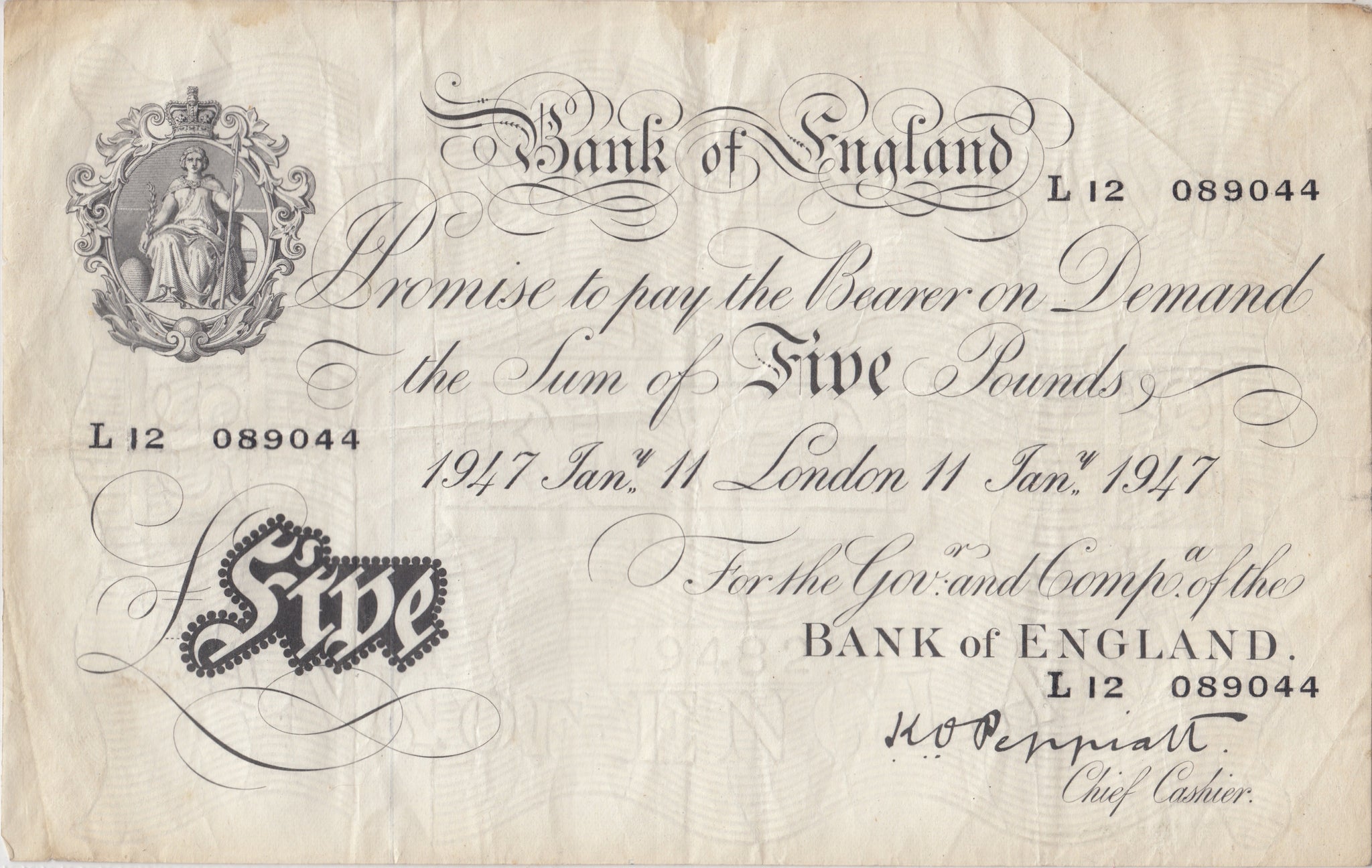 1947 WHITE FIVE POUND NOTE JANUARY 11TH LONDON BANK OF ENGLAND W 5 8 5 1947 WHITE FIVE POUND NOTE JANUARY 11TH LONDON BANK OF ENGLAND W 5 8 5