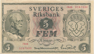 1948 5 KRONOR BANKNOTE SWEDEN REF 956 - World Banknotes - Cambridgeshire Coins