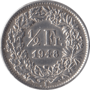 1948 SILVER 1/2 FRANC FRANCE - SILVER WORLD COINS - Cambridgeshire Coins