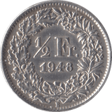 1948 SILVER 1/2 FRANC FRANCE - SILVER WORLD COINS - Cambridgeshire Coins