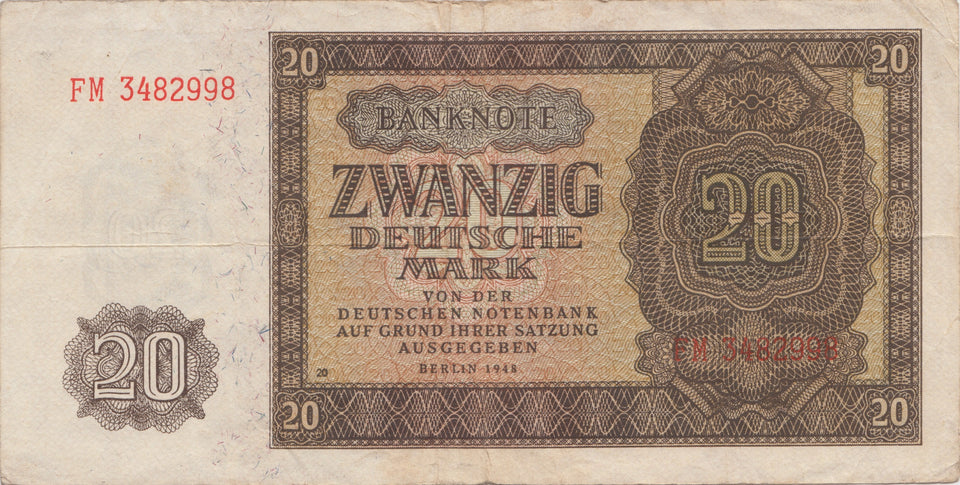 1948 Zwanzig deutsche mark banknote FM 3482998 REF 185 - World Banknotes - Cambridgeshire Coins