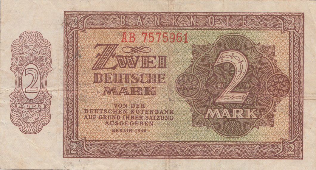 1948 ZWEI deutsche mark banknote AB 7575961 REF 188 - World Banknotes - Cambridgeshire Coins