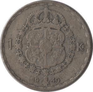 1949 SWEDEN SILVER ONE KRONE - SILVER WORLD COINS - Cambridgeshire Coins