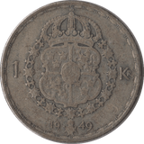 1949 SWEDEN SILVER ONE KRONE - SILVER WORLD COINS - Cambridgeshire Coins