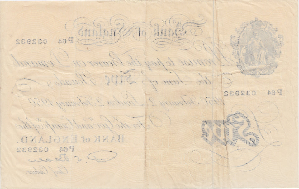 1950 FEBRUARY 2ND LONDON BANK OF ENGLAND WHITE FIVE POUND NOTE W£5-6 - £5 BANKNOTES WHITE - Cambridgeshire Coins