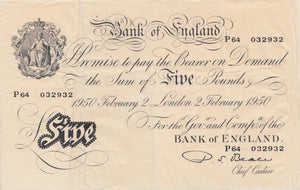 1950 FEBRUARY 2ND LONDON BANK OF ENGLAND WHITE FIVE POUND NOTE W£5-6 - £5 BANKNOTES WHITE - Cambridgeshire Coins