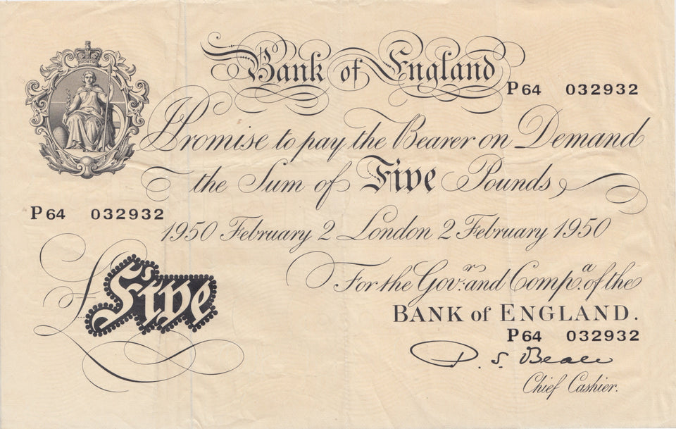 1950 FEBRUARY 2ND LONDON BANK OF ENGLAND WHITE FIVE POUND NOTE W£5-6 - £5 BANKNOTES WHITE - Cambridgeshire Coins