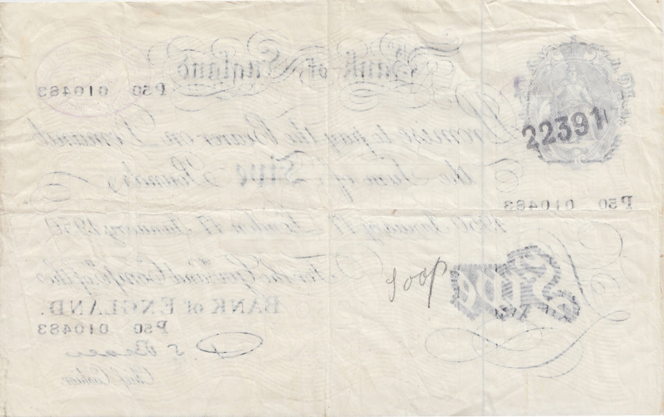 1950 JANUARY 17TH LONDON BANK OF ENGLAND WHITE FIVE POUND NOTE W£5-4 - £5 BANKNOTES WHITE - Cambridgeshire Coins
