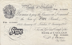 1950 JANUARY 17TH LONDON BANK OF ENGLAND WHITE FIVE POUND NOTE W£5-4 - £5 BANKNOTES WHITE - Cambridgeshire Coins