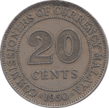 1950 MALAYA 20 CENTS - WORLD COINS - Cambridgeshire Coins