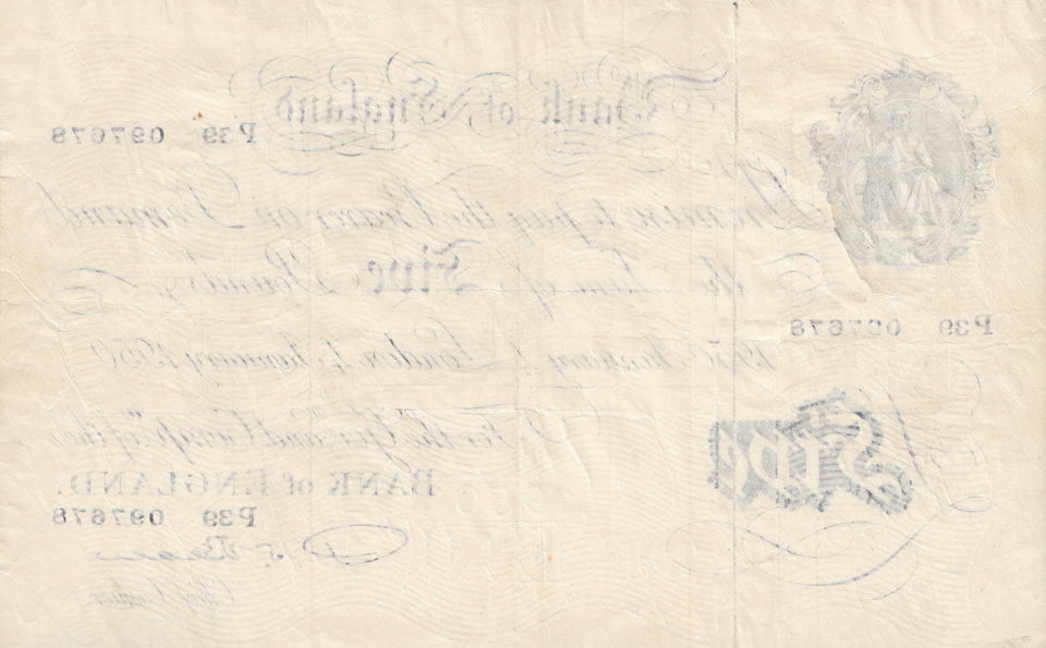 1950 WHITE FIVE POUND NOTE JAN 4TH BANK OF ENGLAND BEALE REF W£5-8 - £5 BANKNOTES WHITE - Cambridgeshire Coins