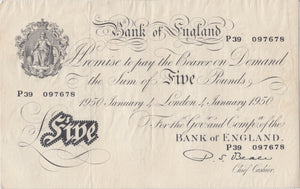 1950 WHITE FIVE POUND NOTE JANUARY 4TH LONDON BANK OF ENGLAND W£5-7 - £5 BANKNOTES WHITE - Cambridgeshire Coins