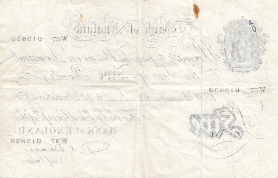 1951 DECEMBER 22ND BANK OF ENGLAND WHITE BANKNOTE L.K. S,BEALE REF W£5-1 - £5 BANKNOTES WHITE - Cambridgeshire Coins