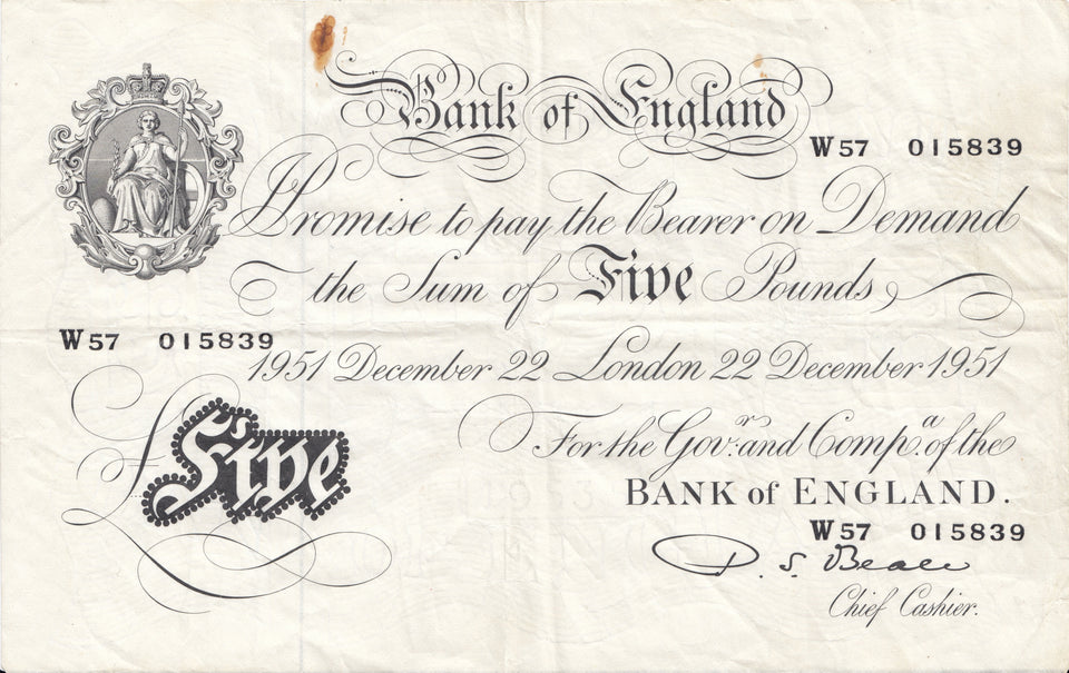 1951 DECEMBER 22ND BANK OF ENGLAND WHITE BANKNOTE L.K. S,BEALE REF W£5-1 - £5 BANKNOTES WHITE - Cambridgeshire Coins