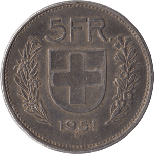1951 SILVER SWITZERLAND 5 FRANC - SILVER WORLD COINS - Cambridgeshire Coins