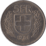 1951 SILVER SWITZERLAND 5 FRANC - SILVER WORLD COINS - Cambridgeshire Coins
